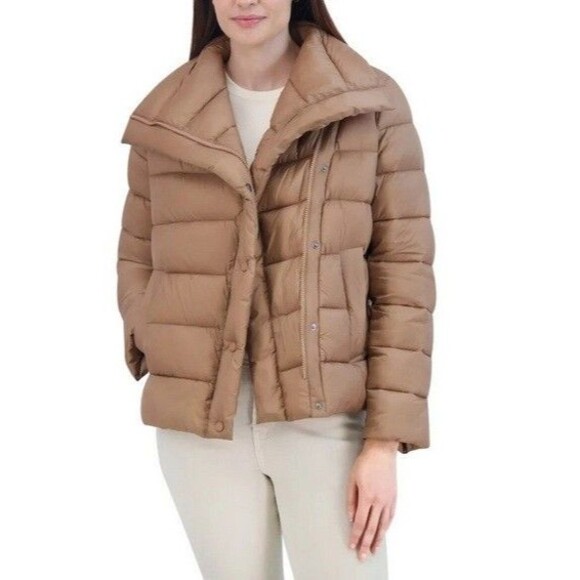 Tahari Asymmetrical Water Repellent Midweight Puffer Tan Carmel NWT - Picture 2 of 3